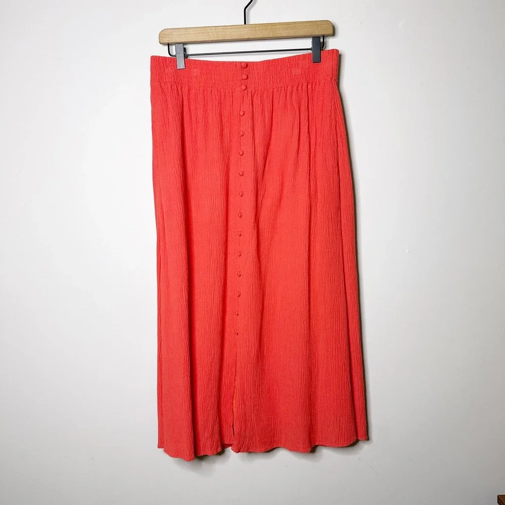 Madewell Button Front Smocked Midi Skirt Womens M Coral Orange NA234